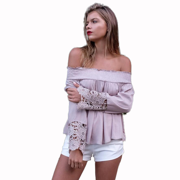 Women's blouse with off-shoulder design and floral lace sleeves Lune London