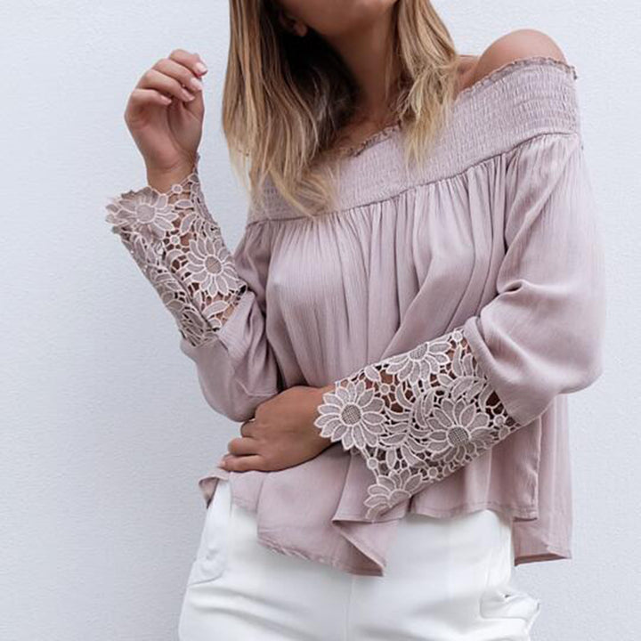 Women's blouse with off-shoulder design and floral lace sleeves Lune London