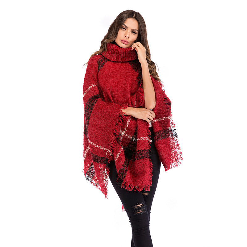 Poncho oversize pour femmes avec col roulé et motif à carreaux décontracté Chic & Stil