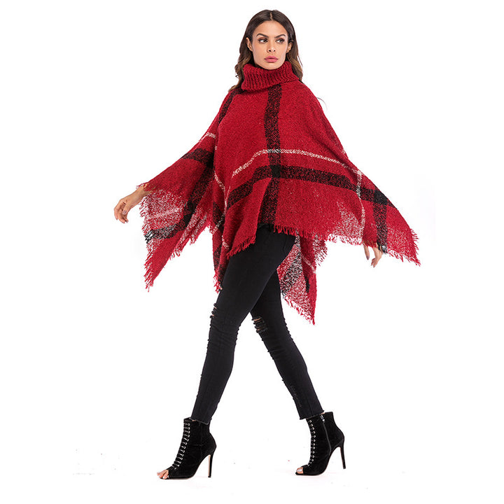 Poncho oversize pour femmes avec col roulé et motif à carreaux décontracté Chic & Stil