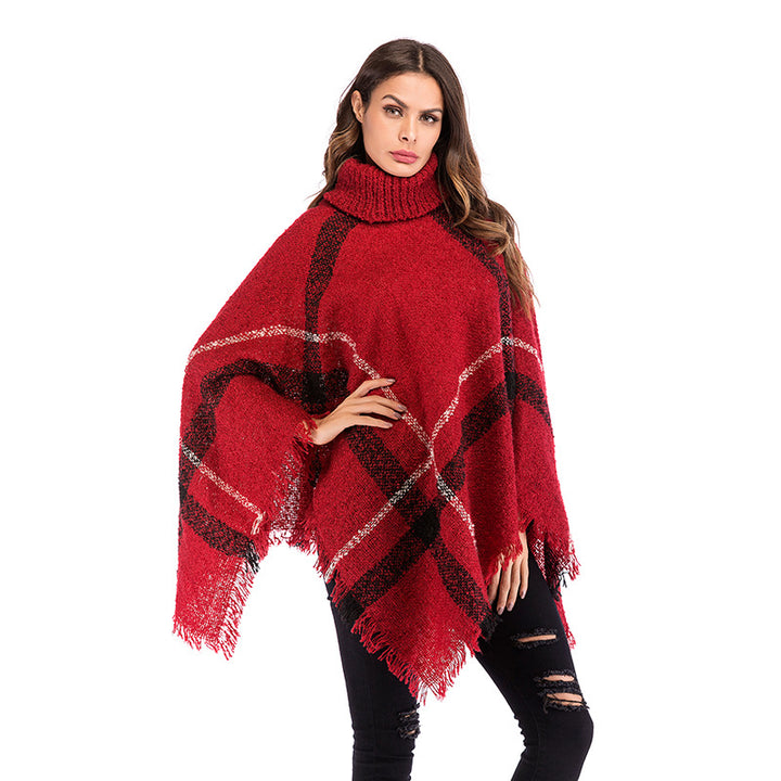 Poncho oversize pour femmes avec col roulé et motif à carreaux décontracté Chic & Stil