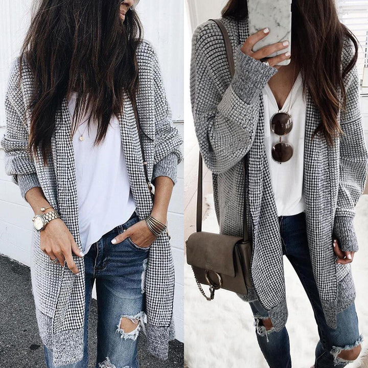 Cardigan femme à carreaux avec zone avant ouverte et détails élégants Chic & Stil