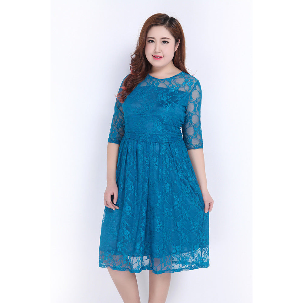 Women's lace dress with elegant round neckline and flared skirt Lune London