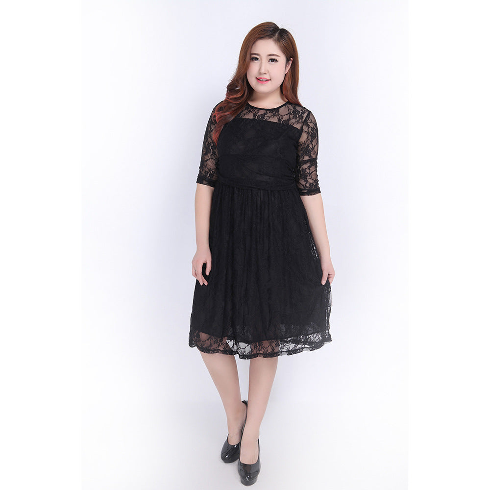 Women's lace dress with elegant round neckline and flared skirt Lune London