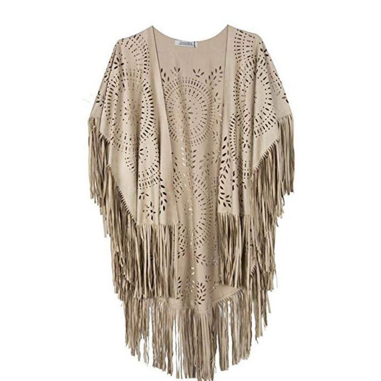 Women's fringed, lightweight kimono made of faux leather with cut-out pattern