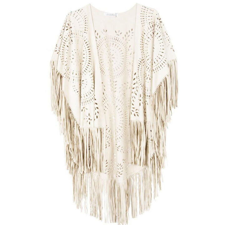 Women's fringed, lightweight kimono made of faux leather with cut-out pattern