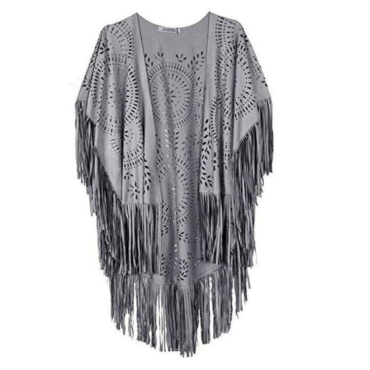 Women's fringed, lightweight kimono made of faux leather with cut-out pattern