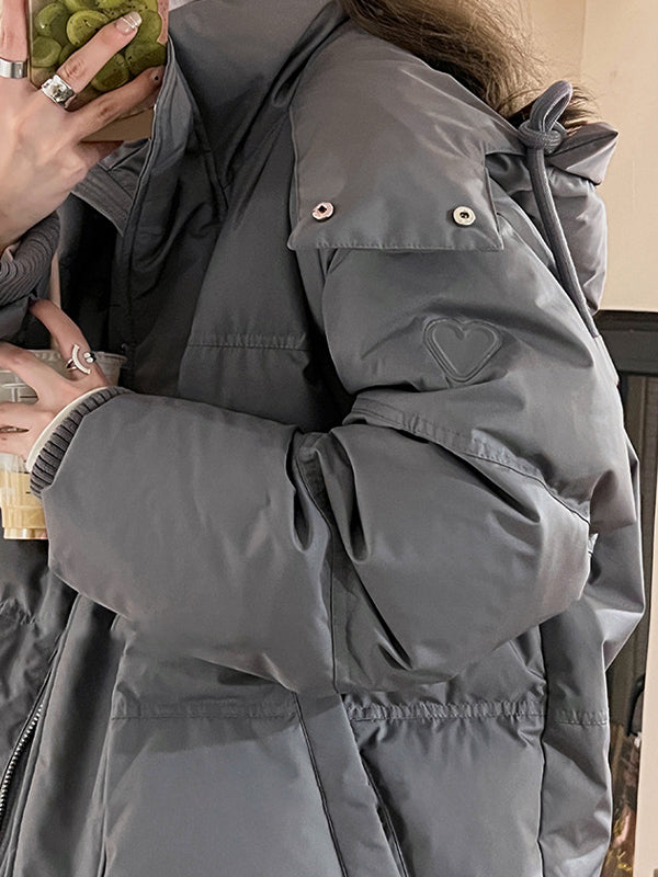 Lune London | Gray Solid Heart-Decorated Hooded Puffer Jacket