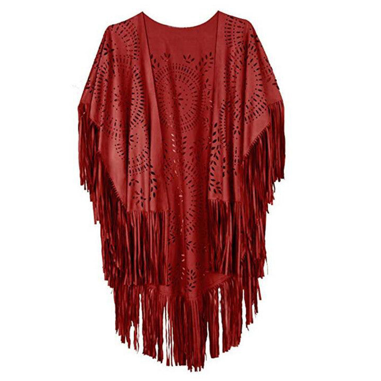 Women's fringed, lightweight kimono made of faux leather with cut-out pattern