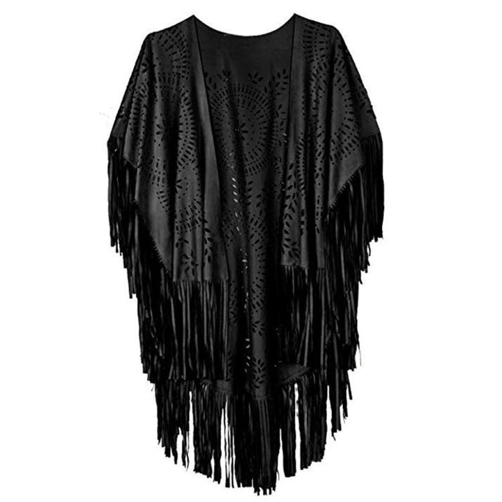 Women's fringed, lightweight kimono made of faux leather with cut-out pattern