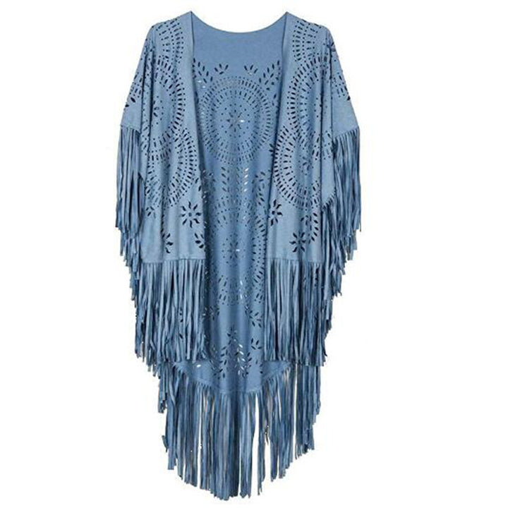 Women's fringed, lightweight kimono made of faux leather with cut-out pattern
