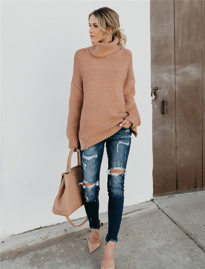 Thick knit sweater for women with high collar and dropped shoulders Lune London