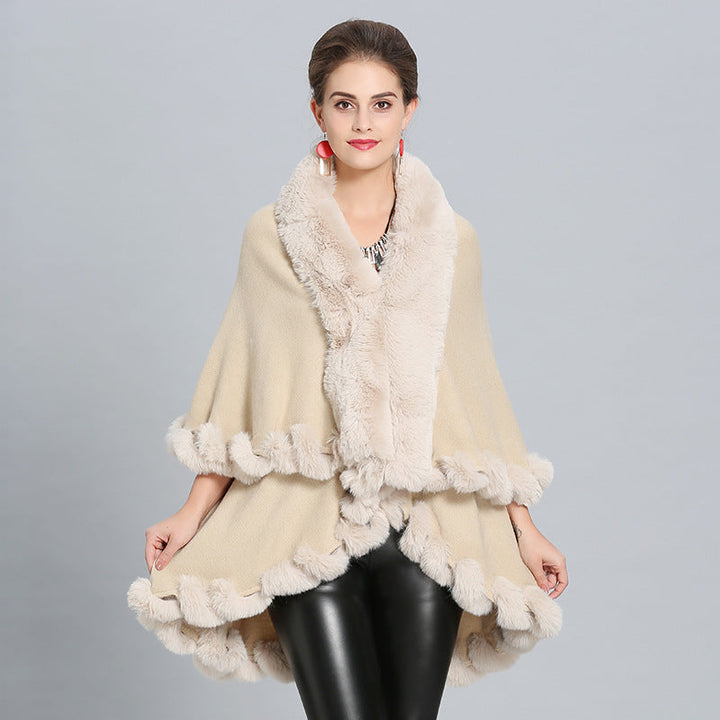Ladies hooded poncho with luxurious fur collar and elegant trim Lune London
