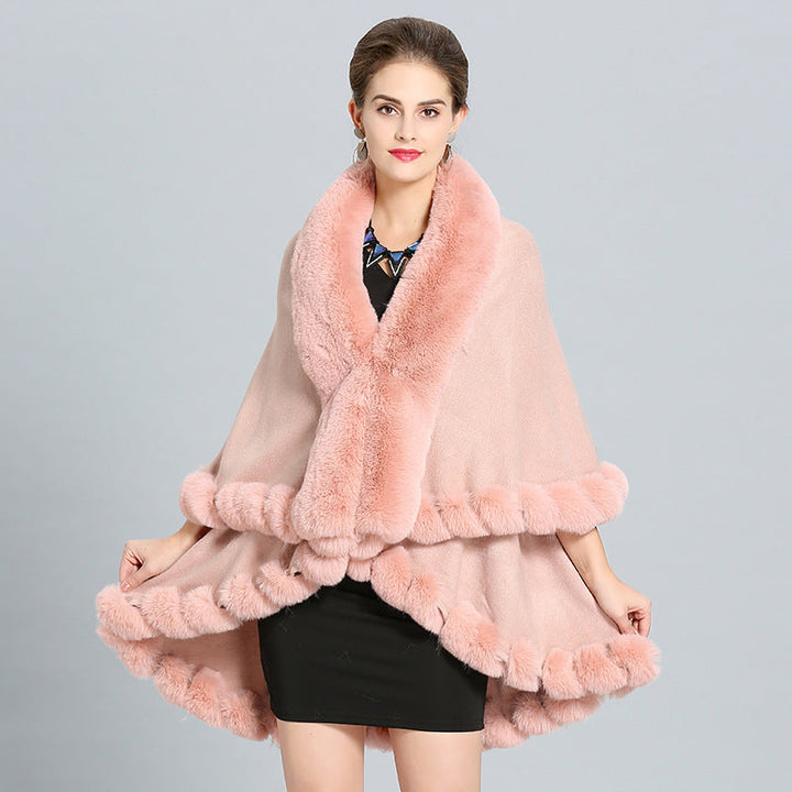 Ladies hooded poncho with luxurious fur collar and elegant trim Lune London