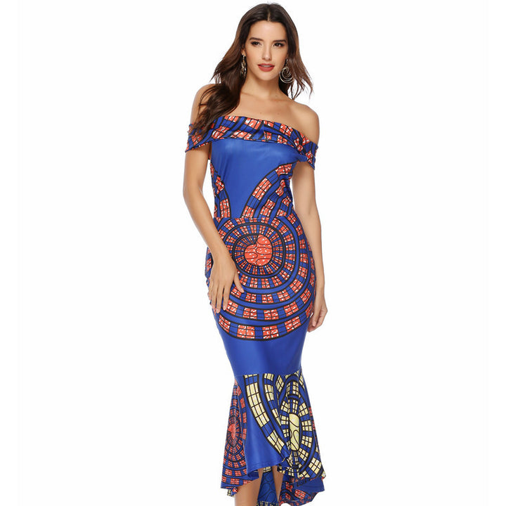Women's Off-Shoulder Maxi Dress with Unique Pattern and Asymmetrical Hem Lune London