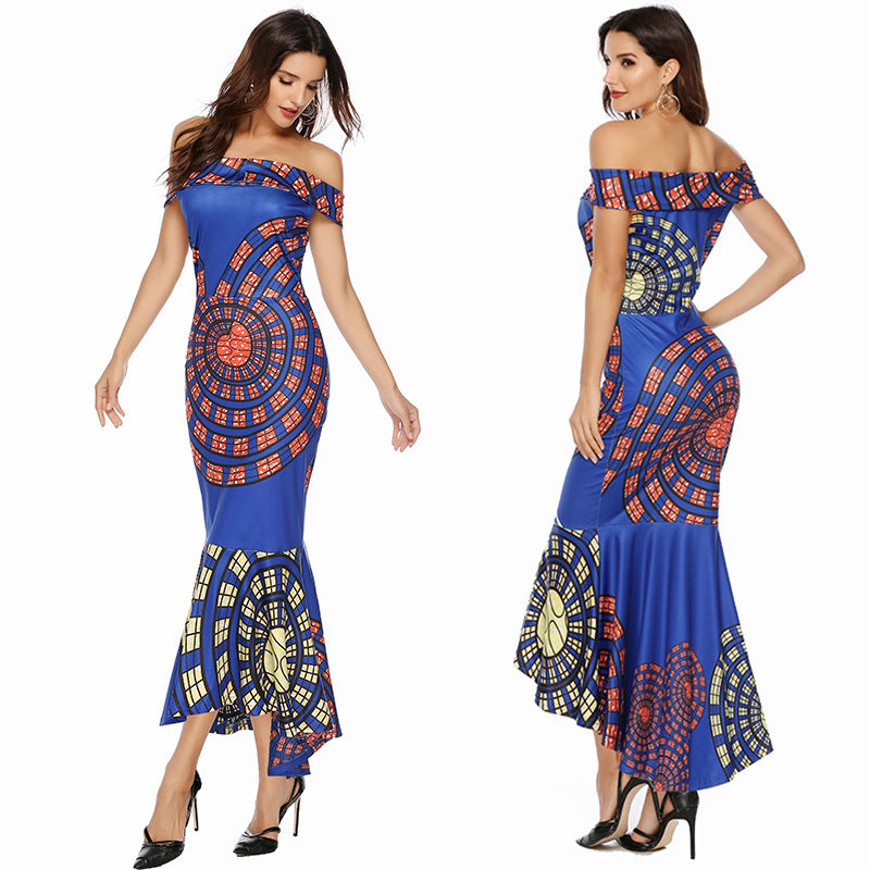 Women's Off-Shoulder Maxi Dress with Unique Pattern and Asymmetrical Hem Lune London