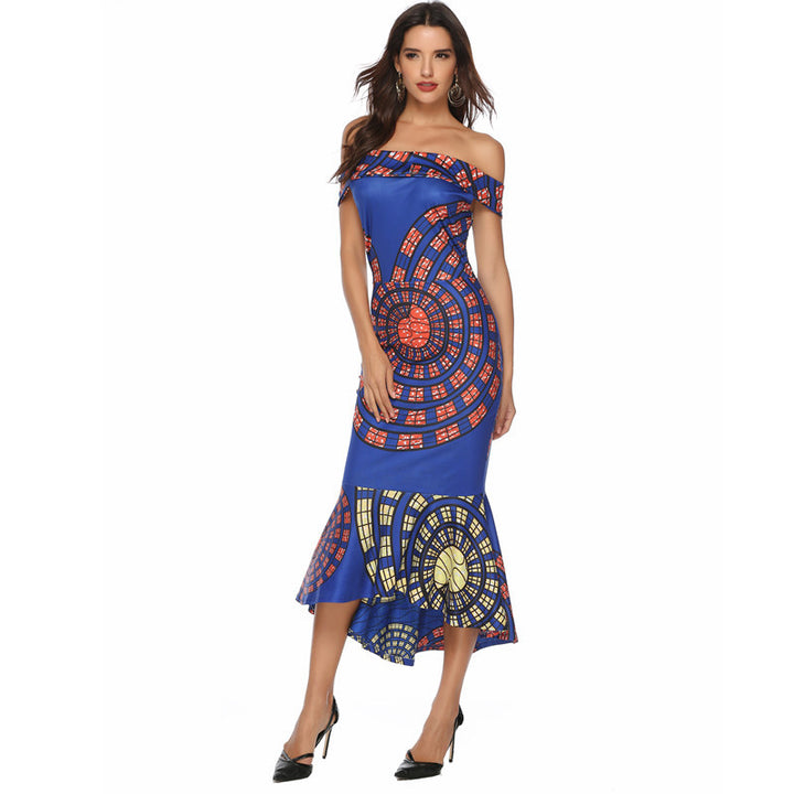 Women's Off-Shoulder Maxi Dress with Unique Pattern and Asymmetrical Hem Lune London