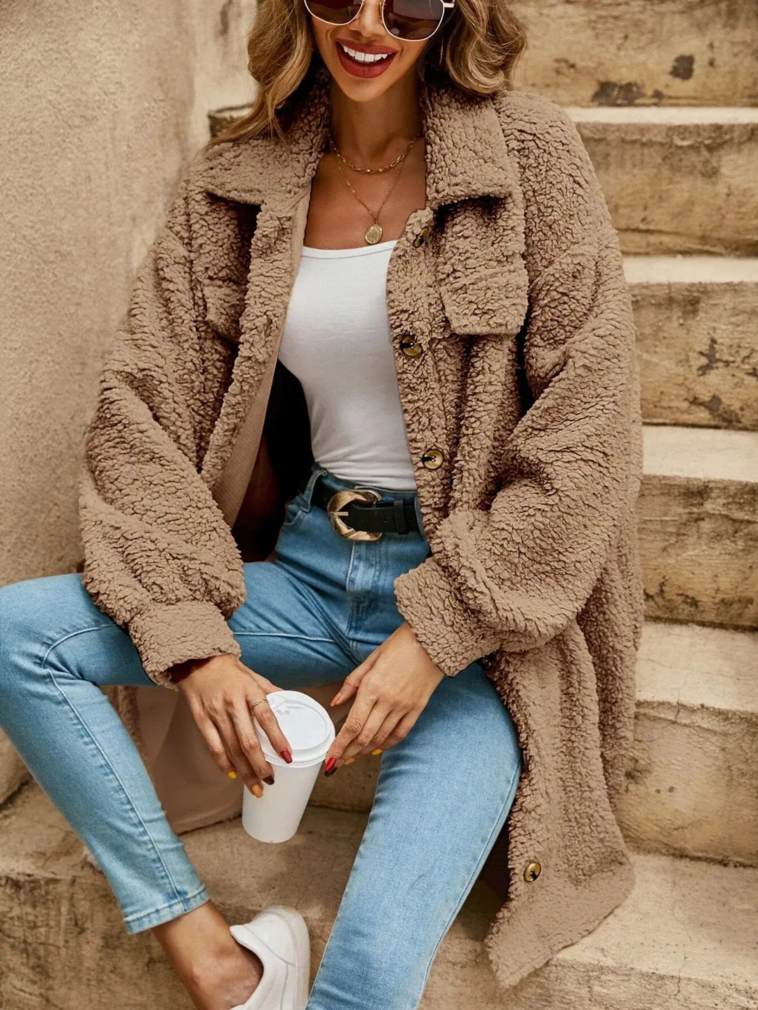 Chic und Stil | Comfortable teddy jacket with button placket & chest pockets