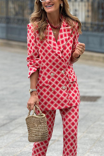 Lune London | Rosiedress Geometric Print Lapel Double Button Blazer and Flare Pants Set