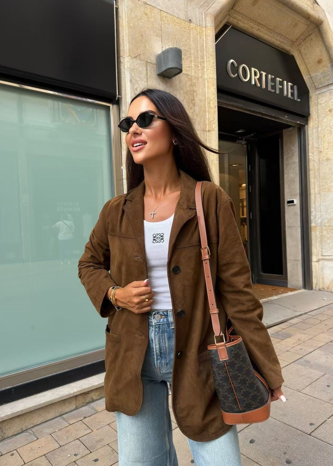 Lune London | Suede Button-Front Blazer with Patch Pockets