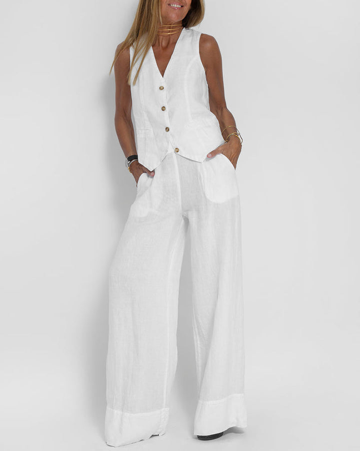 Lune London | Elegant 2-Piece Set Linen Wide Pants & Vest
