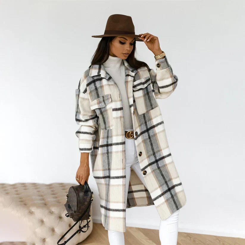 Lune London | manteau d'hiver long à carreaux avec ceinture