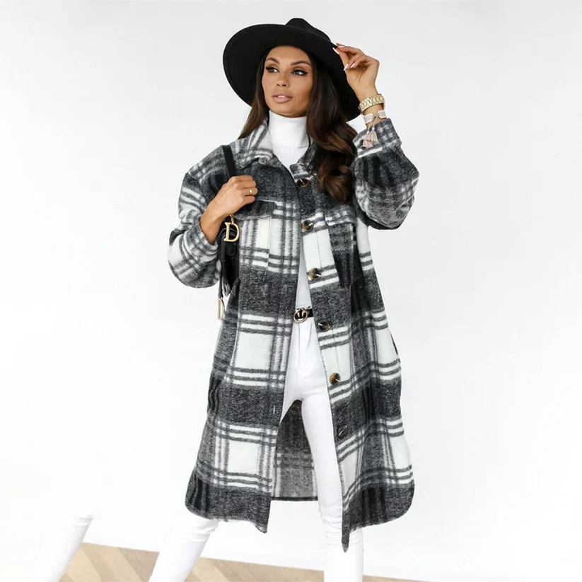 Lune London | manteau d'hiver long à carreaux avec ceinture