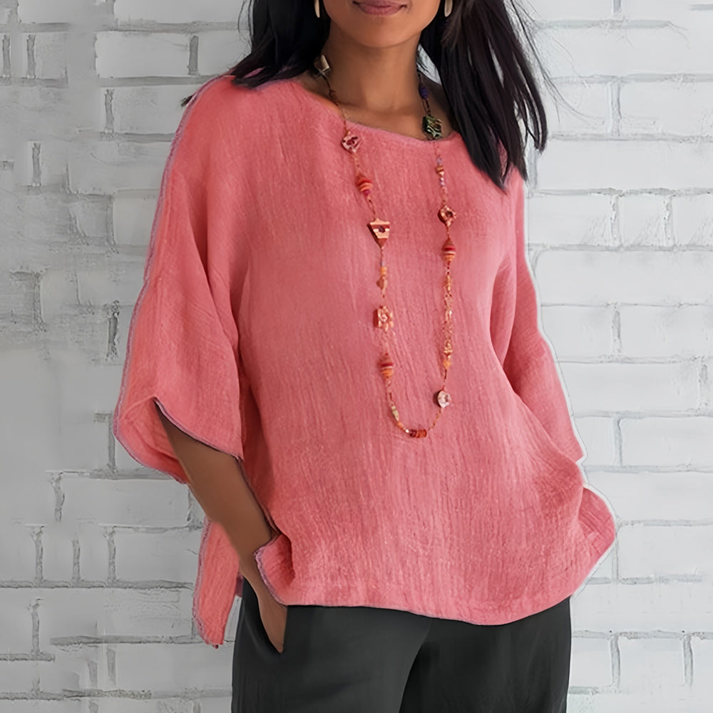 Lune London | Pink Loose Round Neck Shirt with 3/4 Sleeves for Women