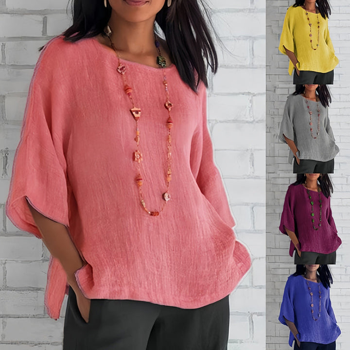 Lune London | Pink Loose Round Neck Shirt with 3/4 Sleeves for Women