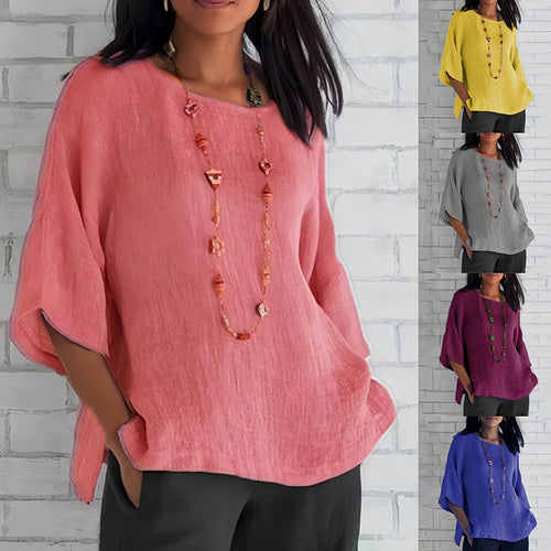 Lune London | Pink Loose Round Neck Shirt with 3/4 Sleeves for Women