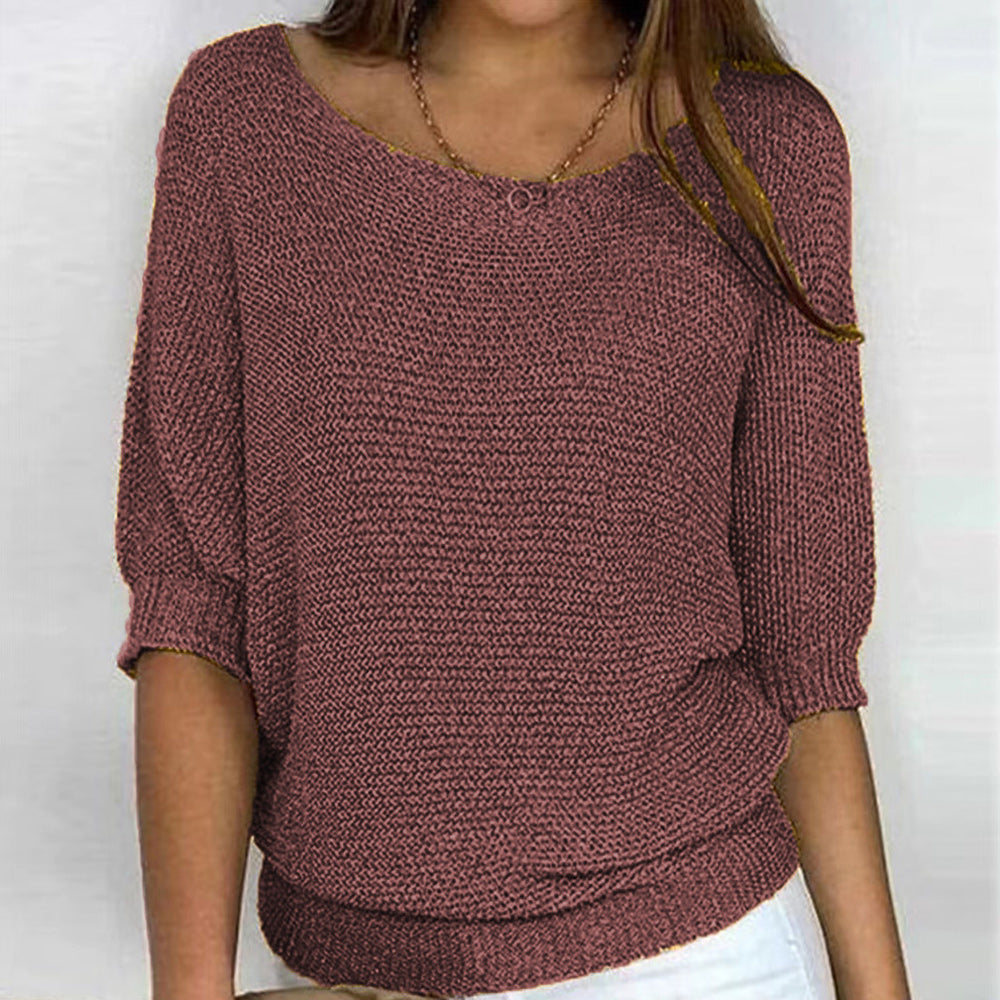 Lune London | Solid Round Neck Sweater with Three Quarter Sleeves for Women