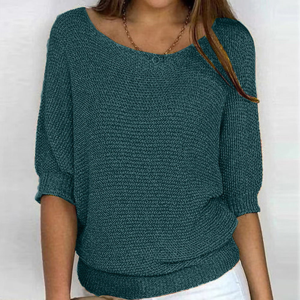 Lune London | Solid Round Neck Sweater with Three Quarter Sleeves for Women