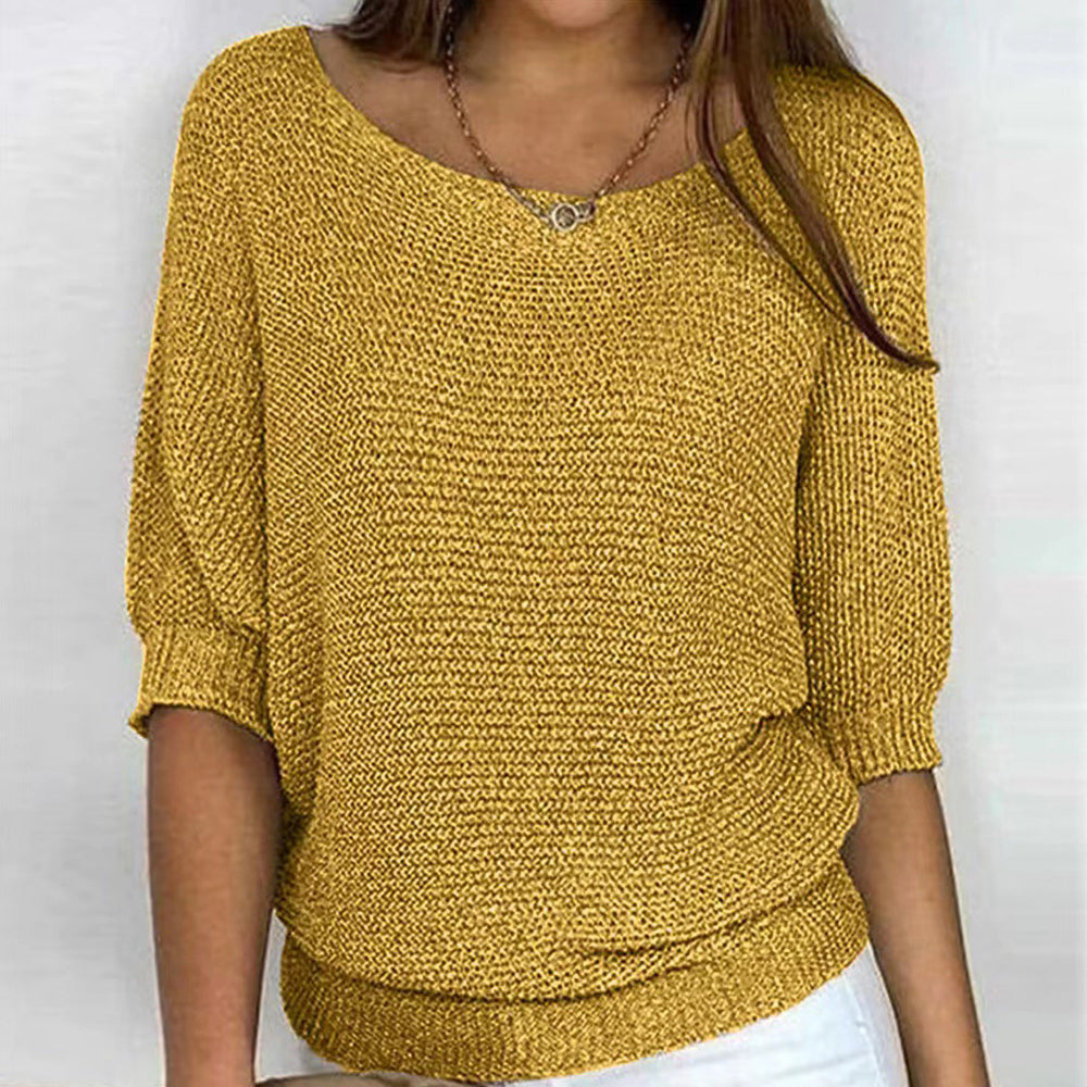 Lune London | Solid Round Neck Sweater with Three Quarter Sleeves for Women