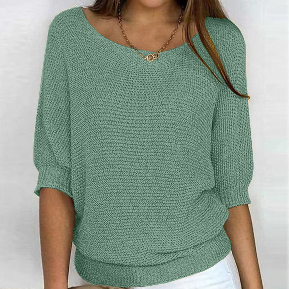 Lune London | Solid Round Neck Sweater with Three Quarter Sleeves for Women