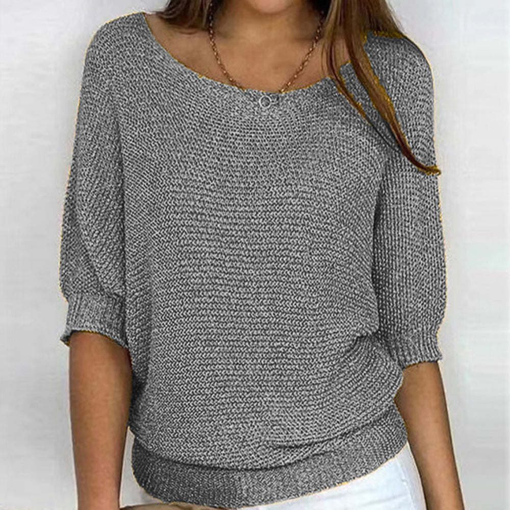 Lune London | Solid Round Neck Sweater with Three Quarter Sleeves for Women