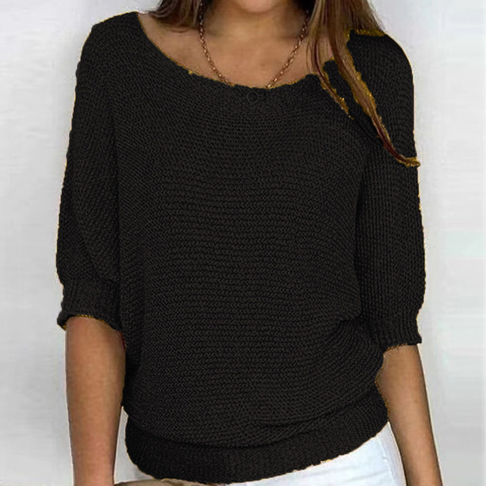 Lune London | Solid Round Neck Sweater with Three Quarter Sleeves for Women