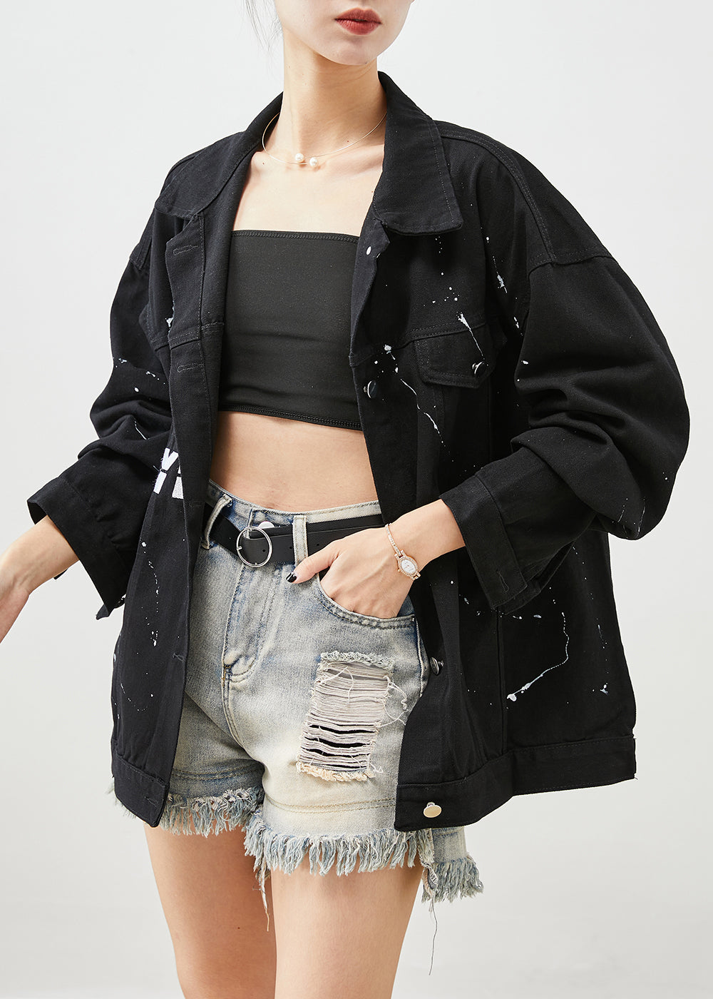 Chic und Stil | Oversized Black Letter Print Denim Jacket