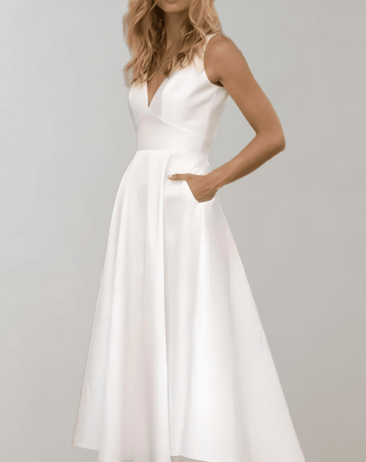Lune London | White Minimalist Wedding Dress with Deep V-Neck and Pockets
