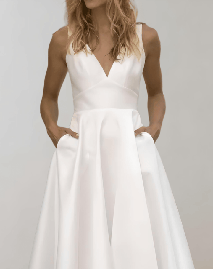 Lune London | White Minimalist Wedding Dress with Deep V-Neck and Pockets