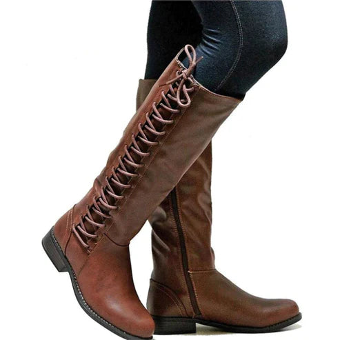 Lune London | knee-high boots - lacing in front - synthetic leather - flat sole - side zipper