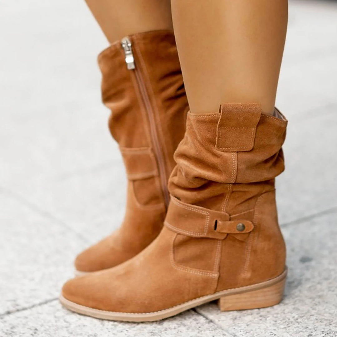 Lune London | Ankle Boots - Casual Design - Suede - Mid-High Block Heel - Buckle Detail