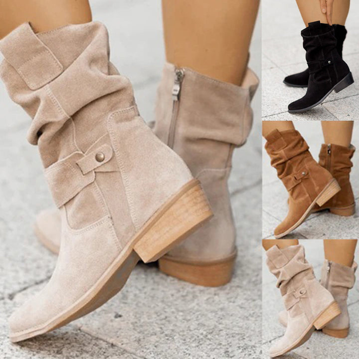 Lune London | Ankle Boots - Casual Design - Suede - Mid-High Block Heel - Buckle Detail