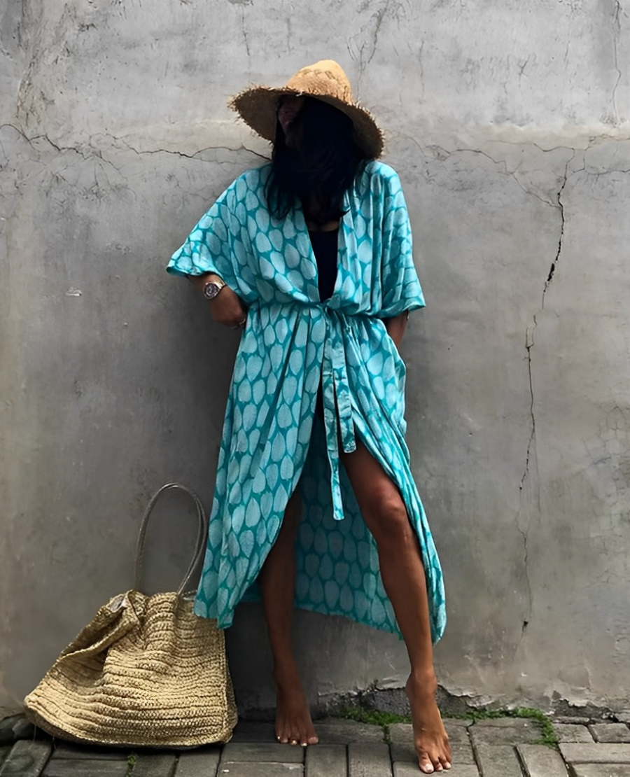 Lune London | Retro Kimono Longer, Patterned Beach Kimono with Belt for Women