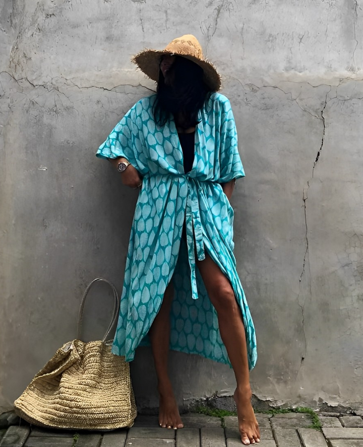 Lune London | Retro Kimono Longer, Patterned Beach Kimono with Belt for Women