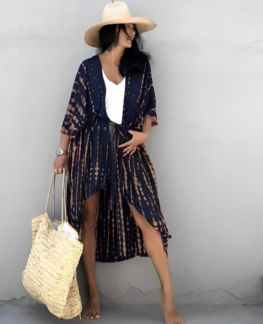 Lune London | Retro Kimono Longer, Patterned Beach Kimono with Belt for Women
