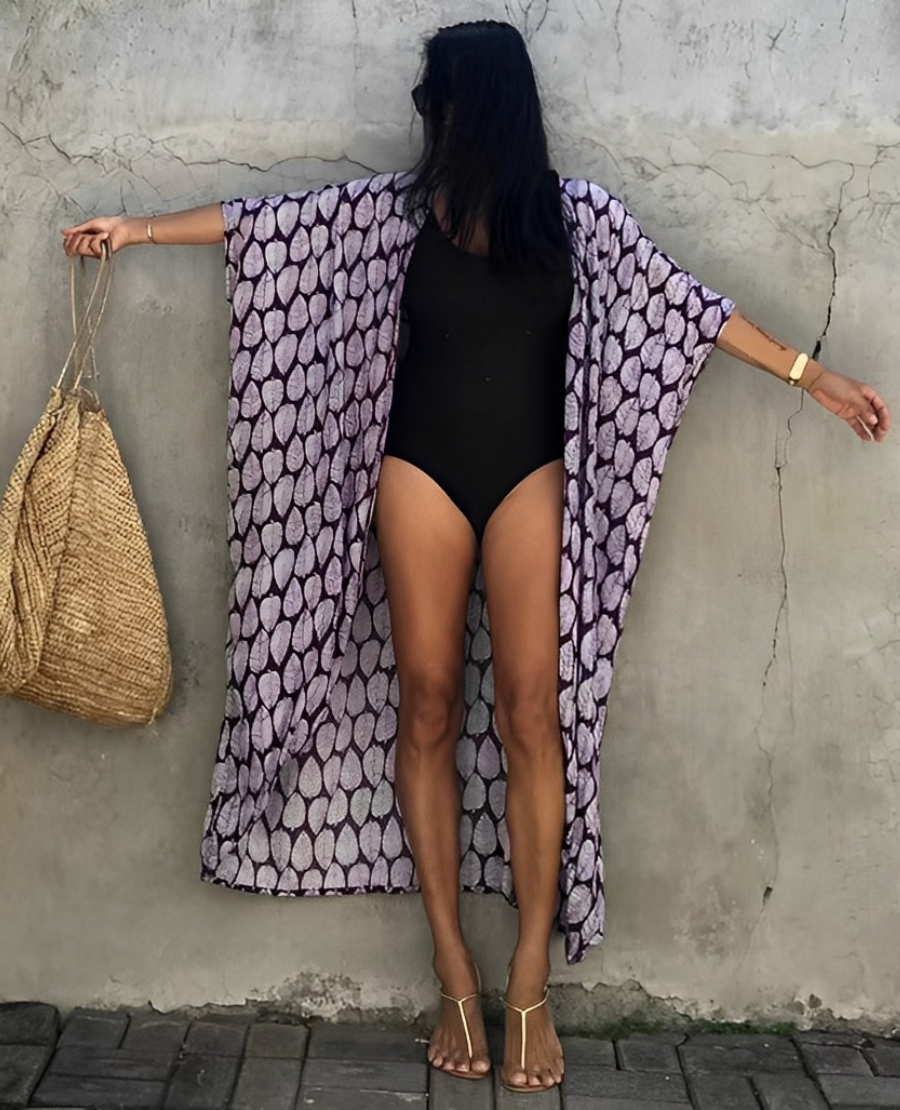 Lune London | Retro Kimono Longer, Patterned Beach Kimono with Belt for Women