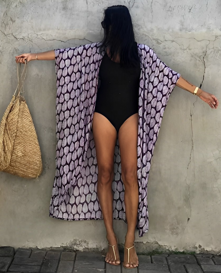 Lune London | Retro Kimono Longer, Patterned Beach Kimono with Belt for Women