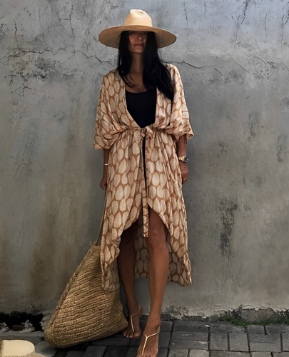 Lune London | Retro Kimono Longer, Patterned Beach Kimono with Belt for Women