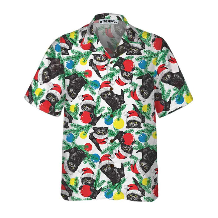 Lune London | Chat noir avec un chapeau de Noël Chemise hawaïenne, Chemise amusante de chats de Noël