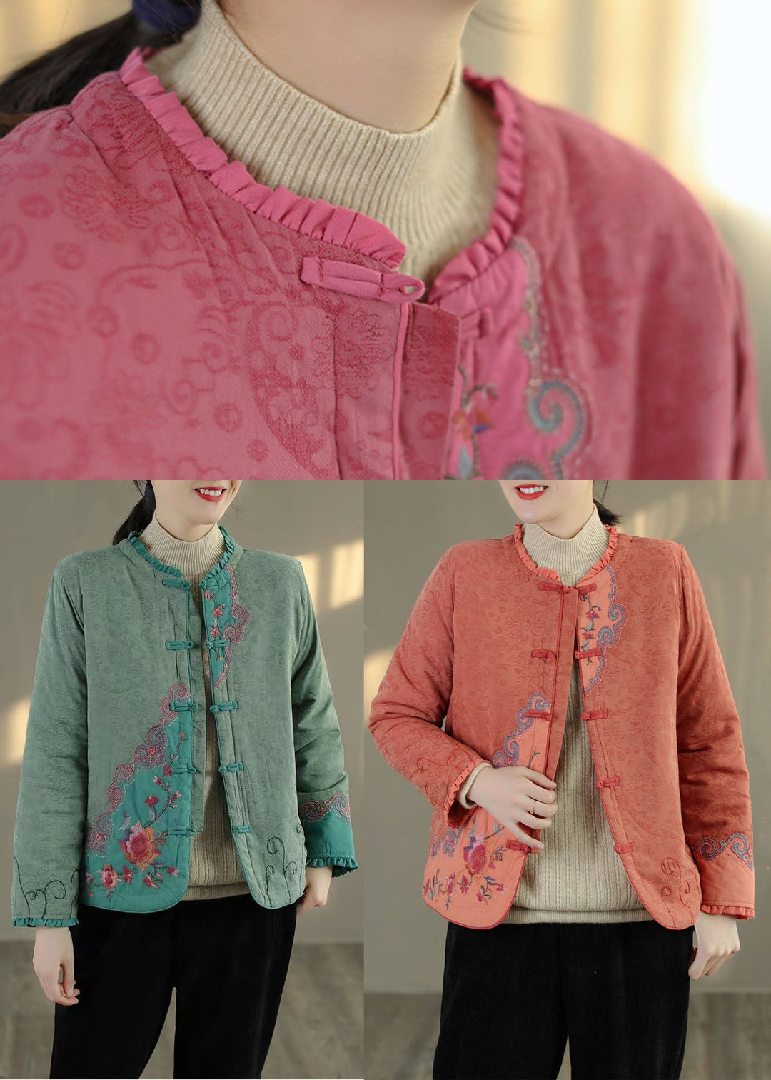 Chic und Stil | Fine cotton round embroidered coats with green ruffles